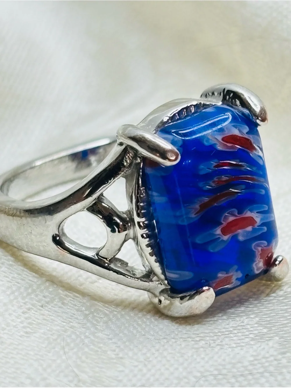 Millefiori Art Glass Blue and Red Ring Size 7.75